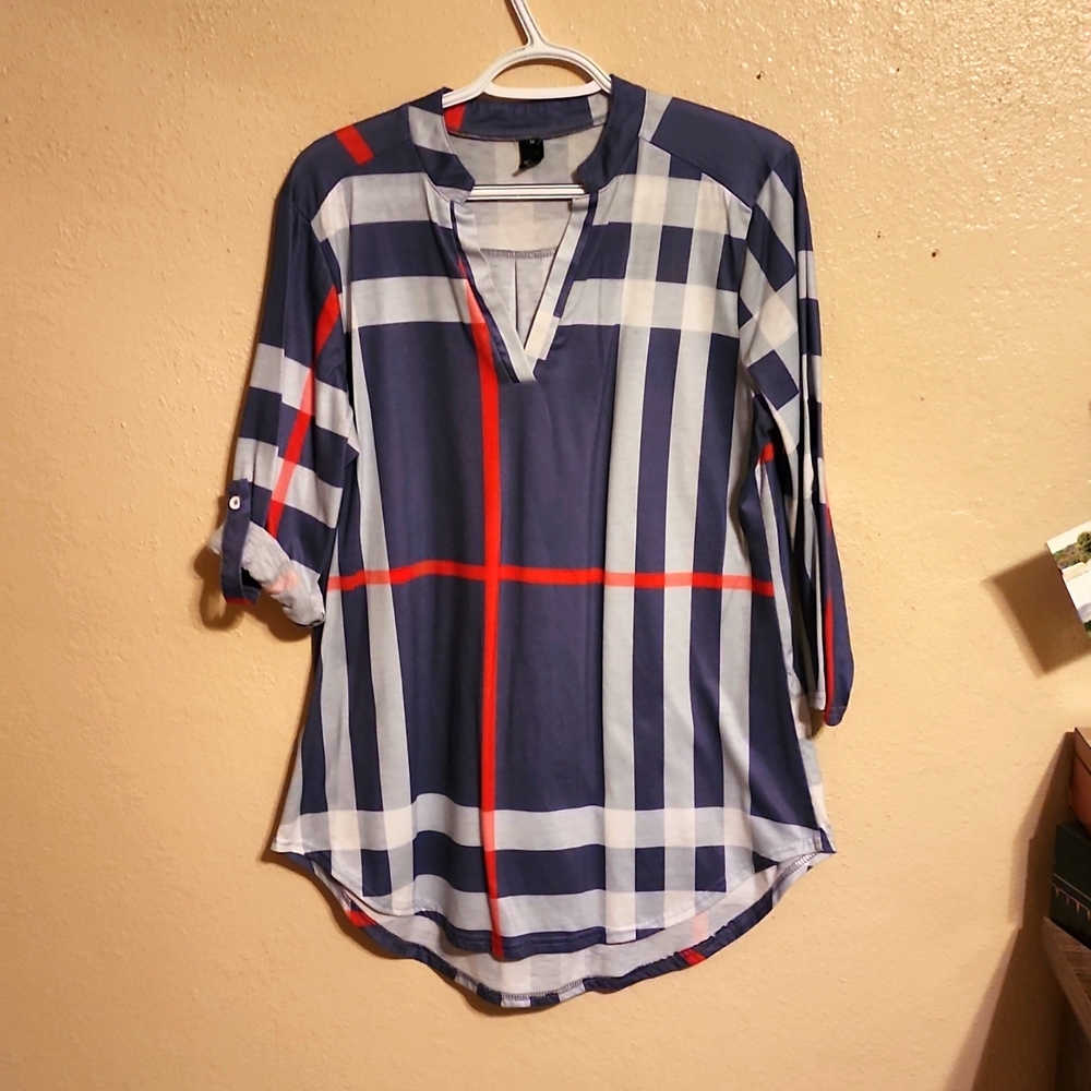 St. Jubileens Women Roll-Up 3/4 Sleeve Plaid Shirt Tunic